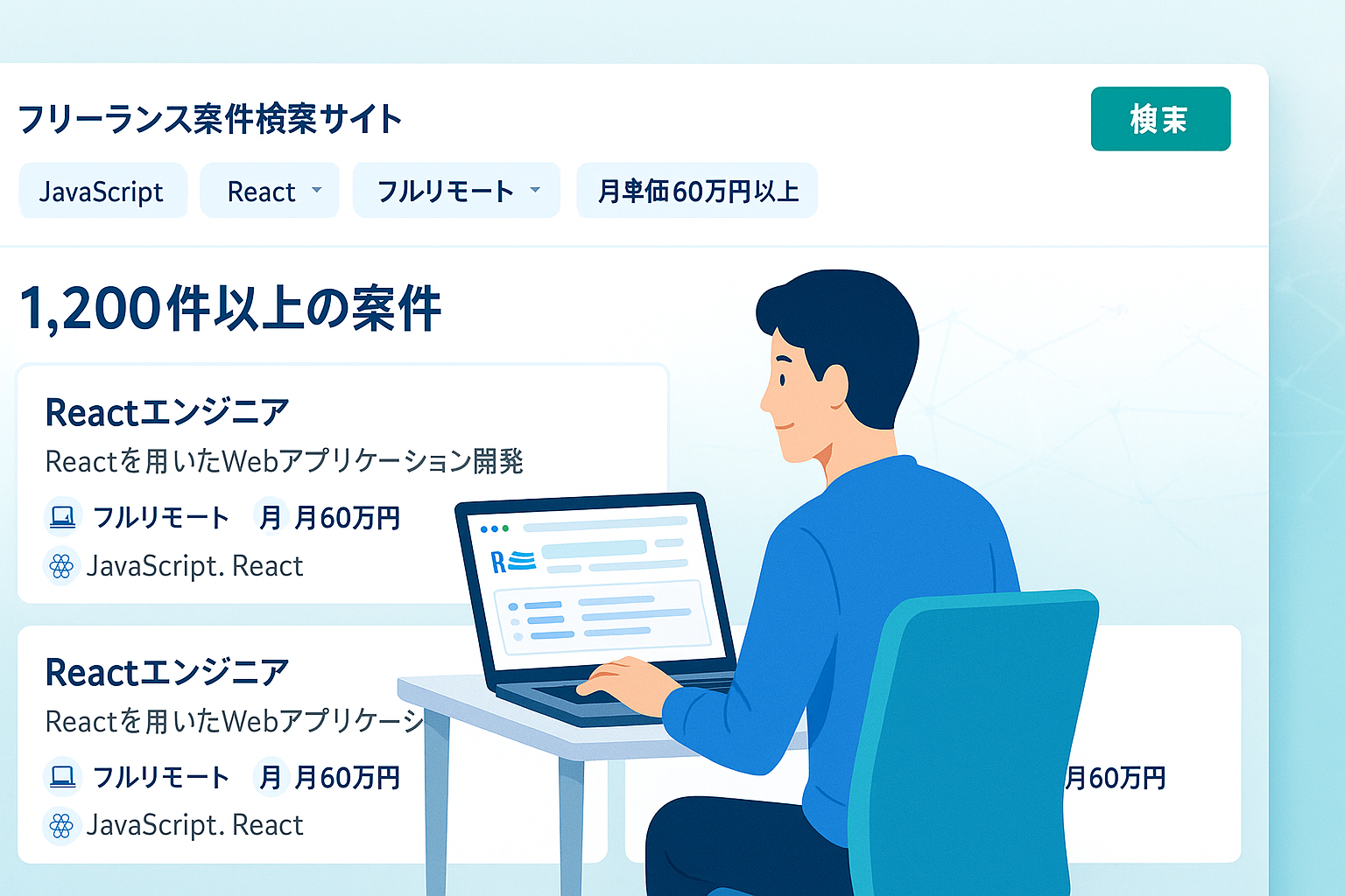 フリーランスボード 案件検索画面 - JavaScript React 高単価 フルリモート案件の検索結果表示画面